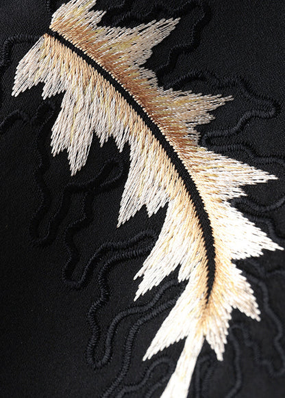 Boutique Black O-neck Embroideried Patchwork Silk Coats Fall