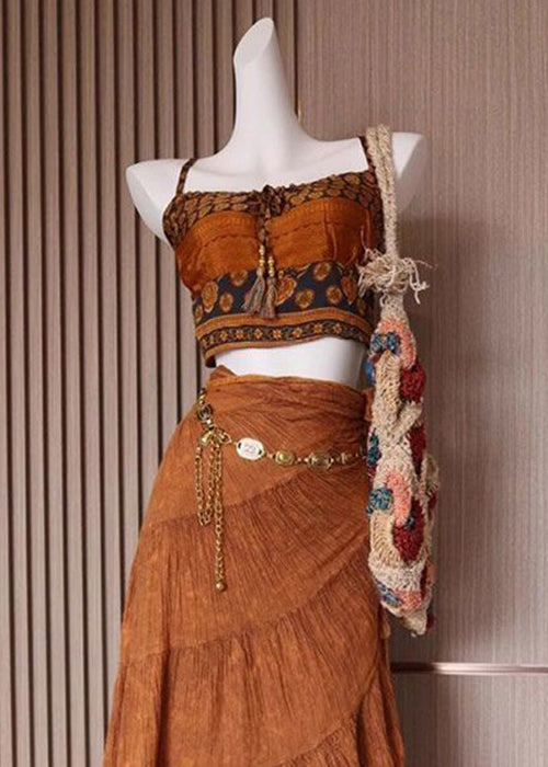 Brown Print Tank and Skirts Cotton 2 Piece Outfit Sleeveless