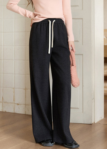 Oatmeal Pockets Elastic Waist Woolen Wide Leg Pants Fall
