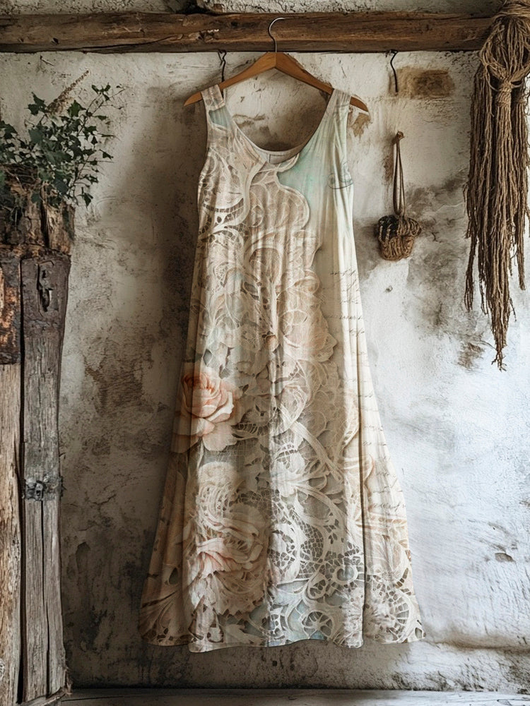 Boho Lace Floral Art Vintage Women's Linen Vest Dress artswardrobe