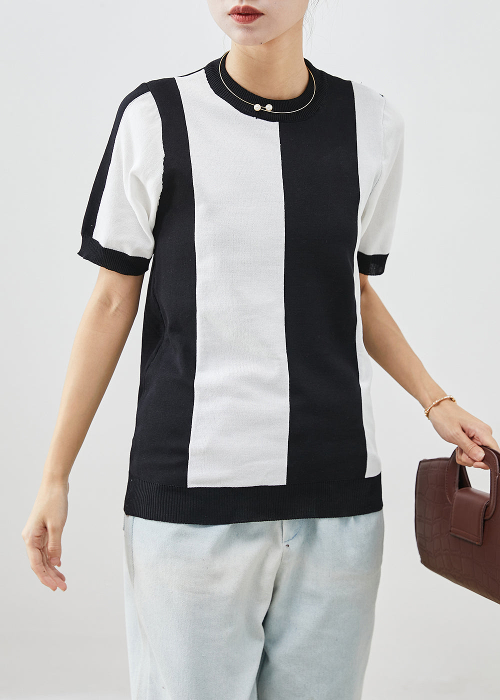 Classy Black White Striped Knit Tank Short Sleeve