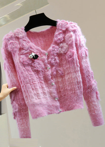 Pink V Neck Zippered Cotton Knit Sweaters Winter