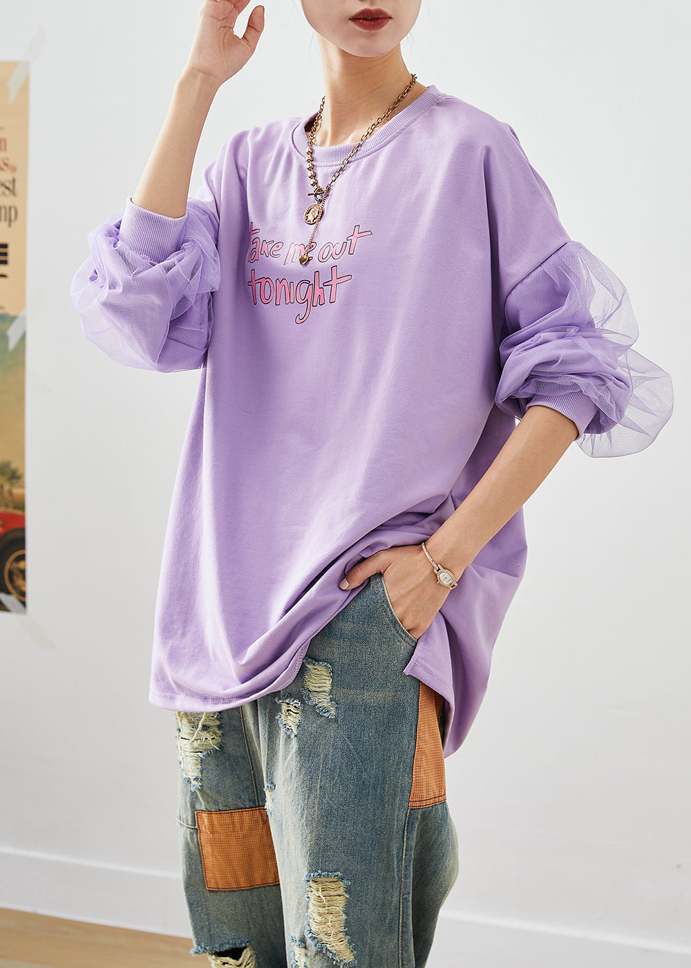 Art Purple Oversized Patchwork Cotton Pullover Fall