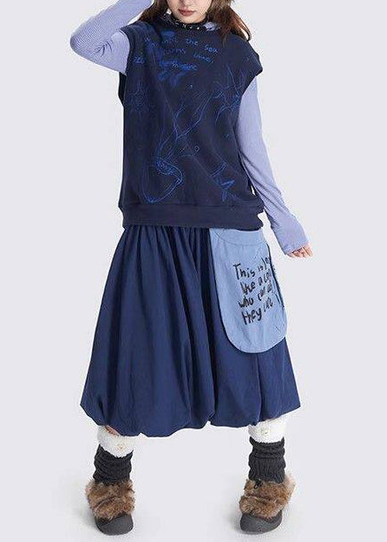 Art Navy Exra Large Hem Patchwork Pocket Cotton Skirts Spring