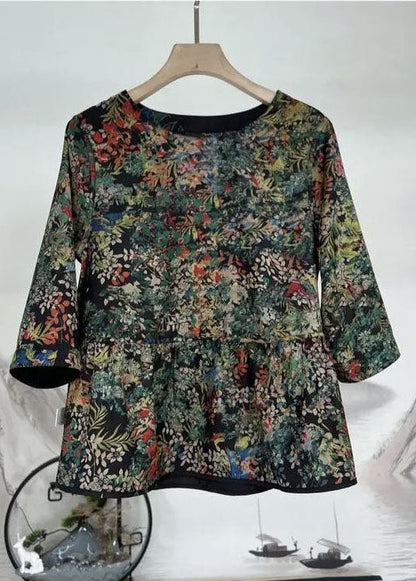 Black O-neck Patchwork Wrinkled Print Silk Wear on Both Sides Top Bracelet Sleeve