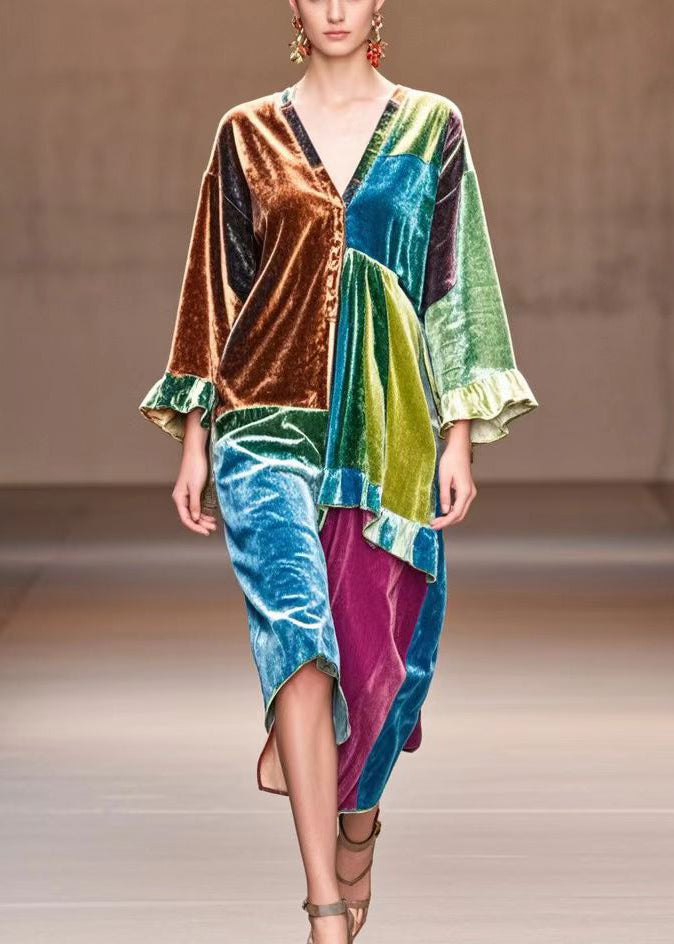 Italian Multicolor Asymmetrical Patchwork Silk Velour Day Dress Fall