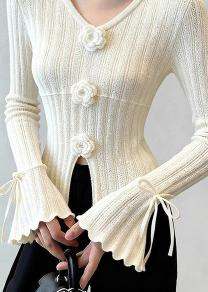 French White Patchwork Thin Knit Top Flare Sleeve
