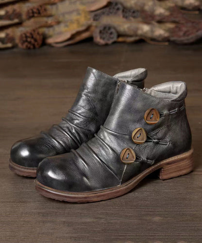 Zippered Splicing Chunky Boots Grey Cowhide Leather