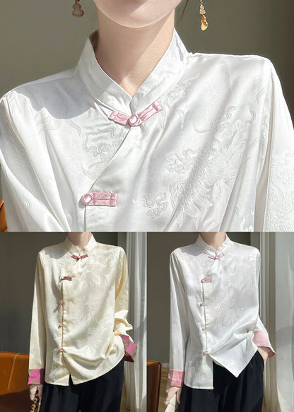 Champagne Stand Collar Button Silk Shirts Fall
