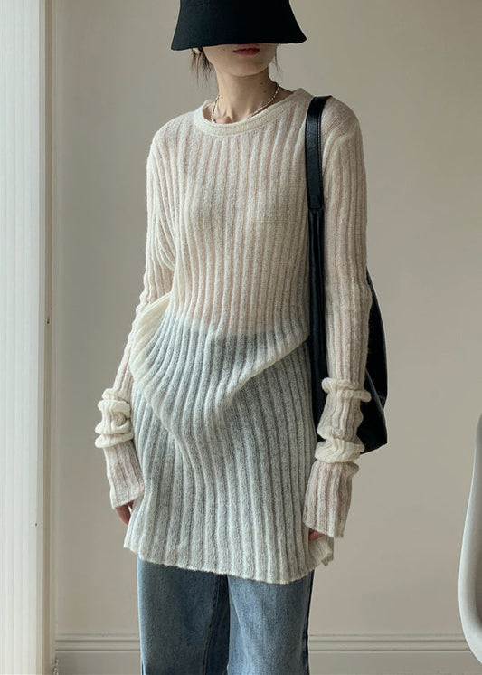 Simple White O-neck Thin Knit Sweater Dress Fall