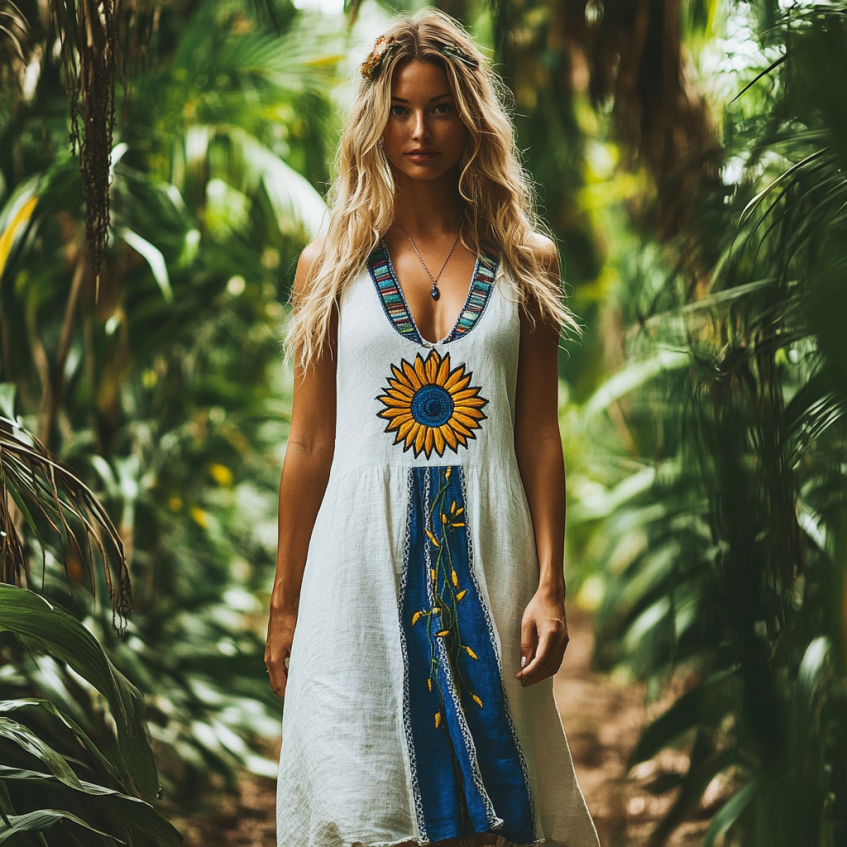 Bohemian Sunflower Embroidery Sleeveless Cozy Linen Maxi Dress artswardrobe