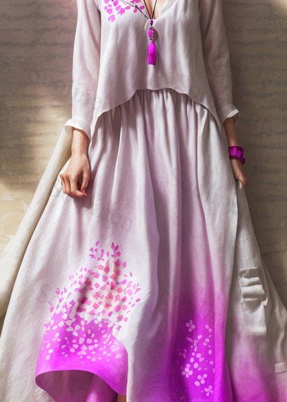 Boutique Gradient Color V Neck Wrinkled Silk Long Dress Summer