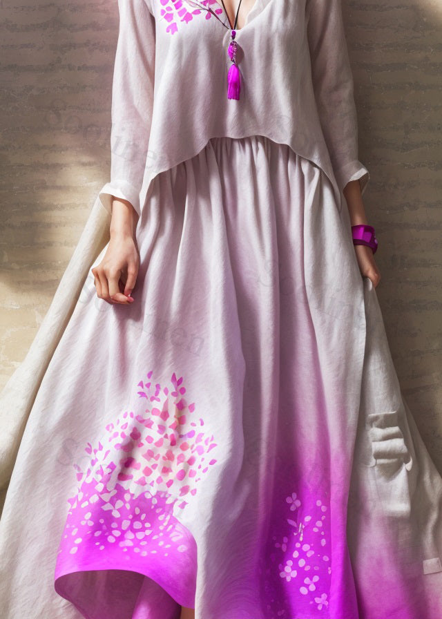 Boutique Gradient Color V Neck Wrinkled Silk Long Dress Summer