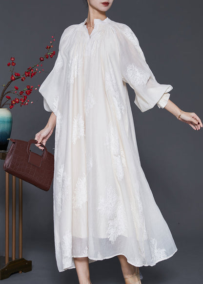 White Embroidered Silk Maxi Dress Lantern Sleeve