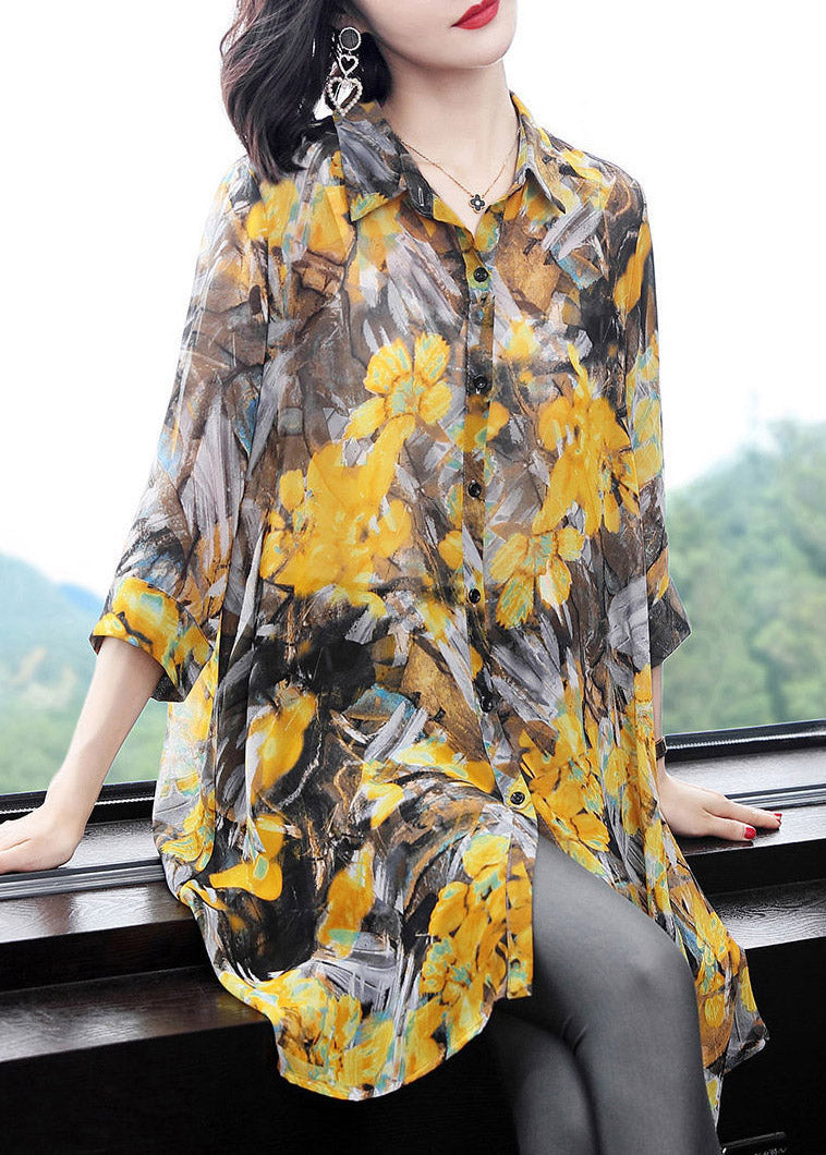 Yellow Peter Pan Collar Print Button Chiffon Dress Bracelet Sleeve