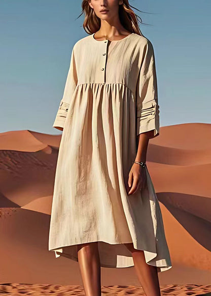 Unique Beige O Neck Wrinkled Linen Dress Summer