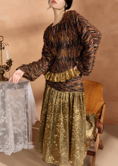 Brown Knit Sweaters and Silk Skirts Two Pieces Set Fall