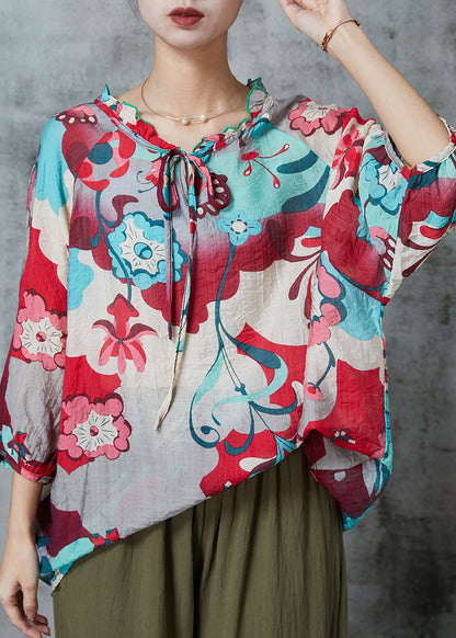Red Ruffled Print Linen Shirts Bracelet Sleeve