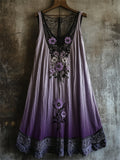 Boho Floral Embroidered Lace Patchwork Gradient Linen Dress artswardrobe