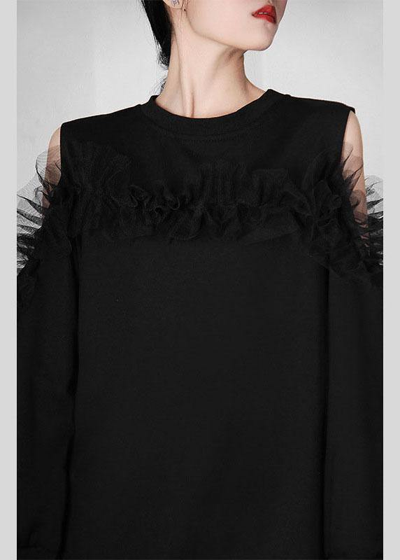 Black Patchwork Tulle Cold Shoulder Long Sleeve Pullover Sweatshirt