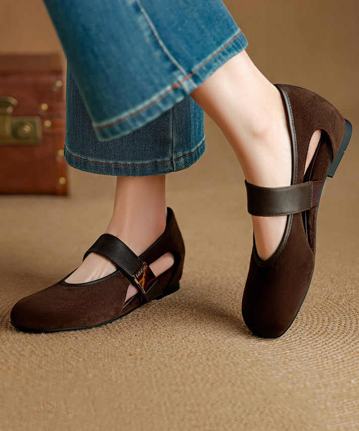 Brown Buckle Strap Splicing Suede Wedge Shoes