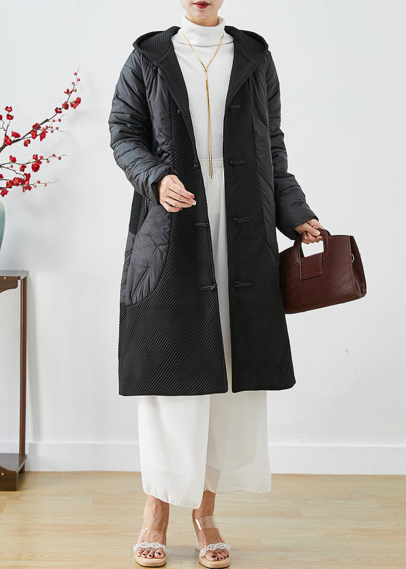 Boutique Black Hooded Patchwork Chinese Button Fine Cotton Filled Jacket in Winter