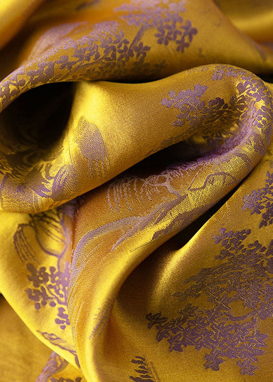 Yellow Jacquard Side Open Draping Silk Shirt Tops Short Sleeve