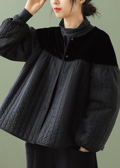 Black O-neck Button Patchwork Winter Jackets Long Sleeve