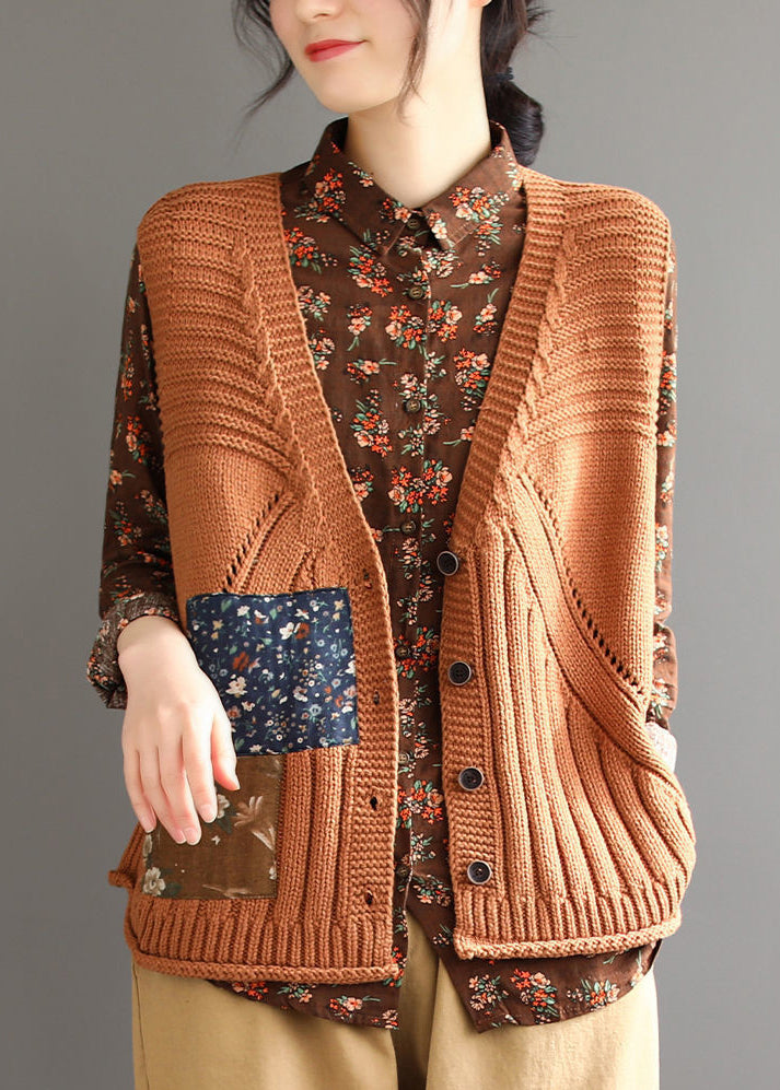 Orange Button Patchwork Cozy Cotton Knit Waistcoat Sleeveless