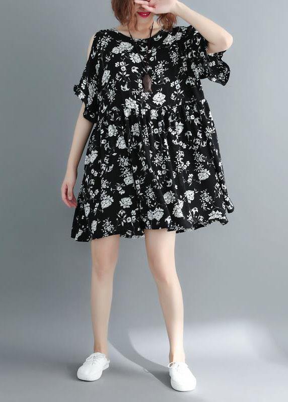 Simple Black Loose Print Summer Party Mini Dress Half Sleeve