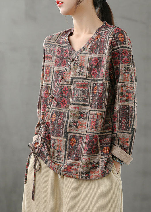 Red V Neck Print Drawstring Cotton Shirt Long Sleeve