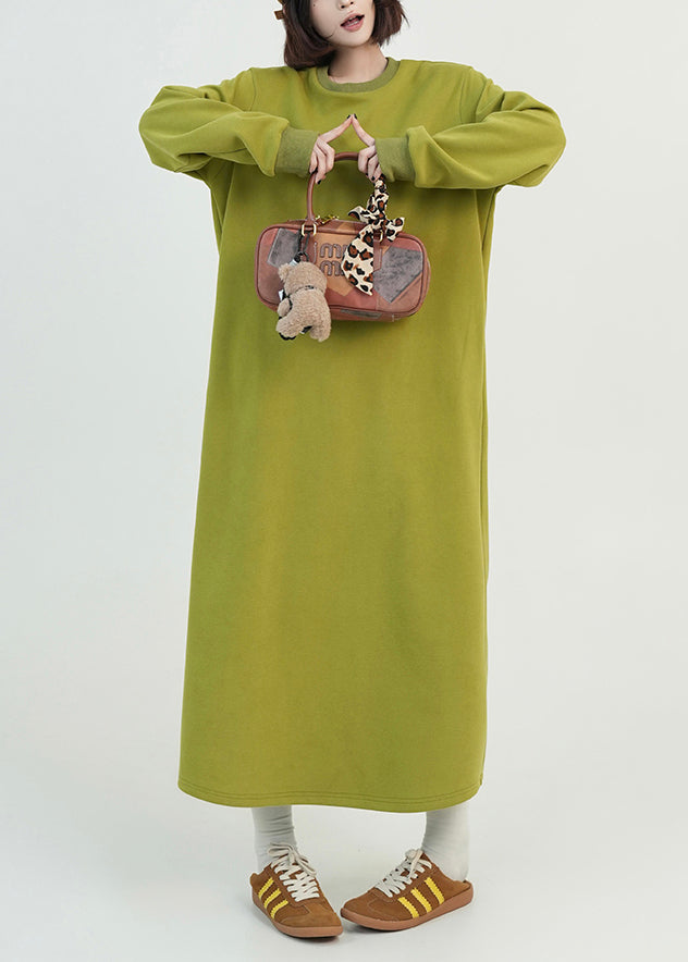 Green O Neck Long Cotton Straight Dress Fall