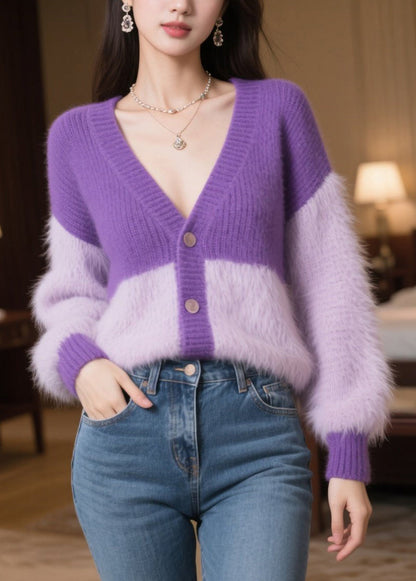 Purple Oversized Patchwork Knit Loose Coats Winter