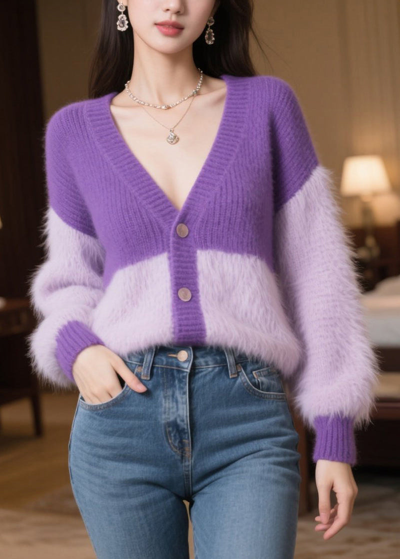 Purple Oversized Patchwork Knit Loose Coats Winter