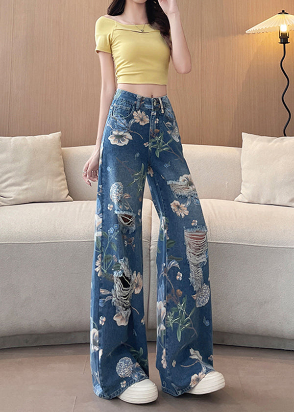 Blue Pockets Print Denim Ripped Pants Fall