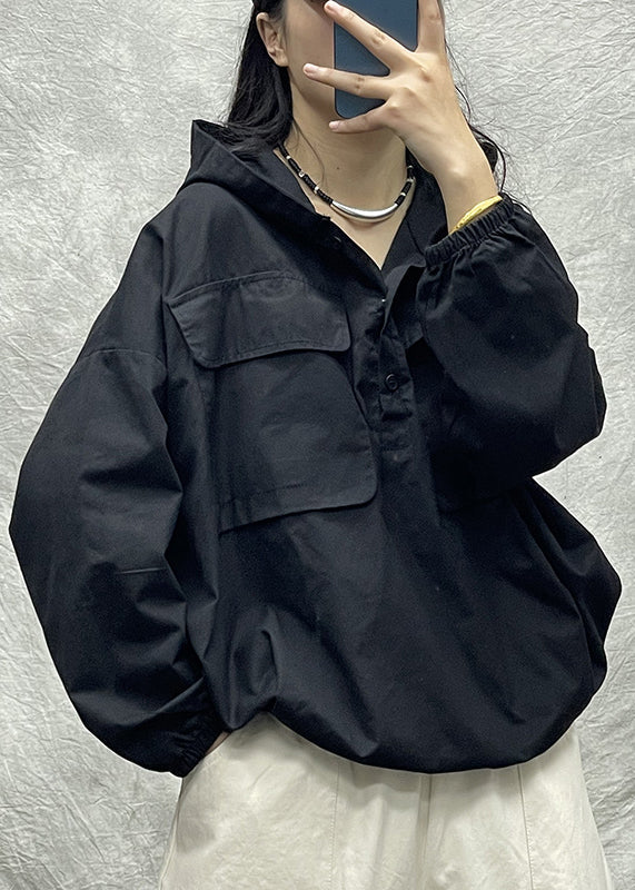 Black Button Hooded Pocket Cotton Loose Sweatshirts Top Long Sleeve