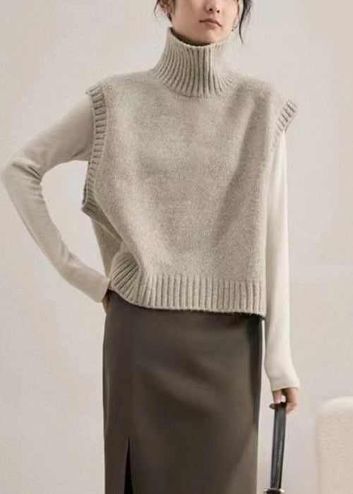 Camel Turtleneck Patchwork Knit Waistcoat Sleeveless