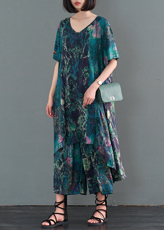 Coffee Print Low High Design Silk Holiday Dress and Pant Two Pieces Set Fall