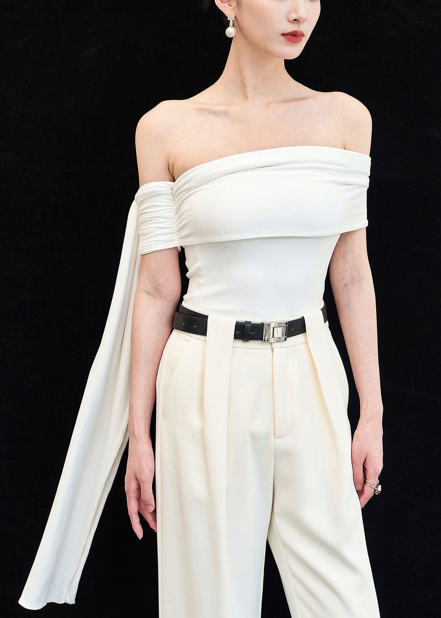 Slim Fit White Slash Neck Cotton Tops Sleeveless