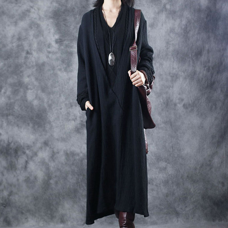 Black V Neck Patchwork Pockets Fall Dresses Long Sleeve