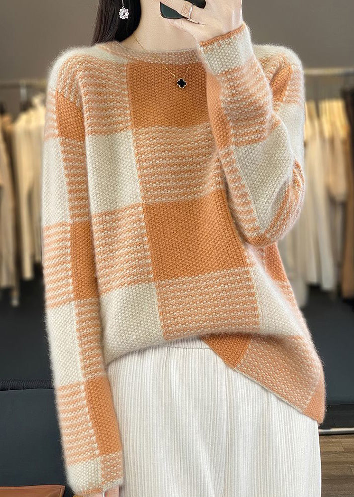 Grey Plaid O Neck Cozy Sweaters Long Sleeve