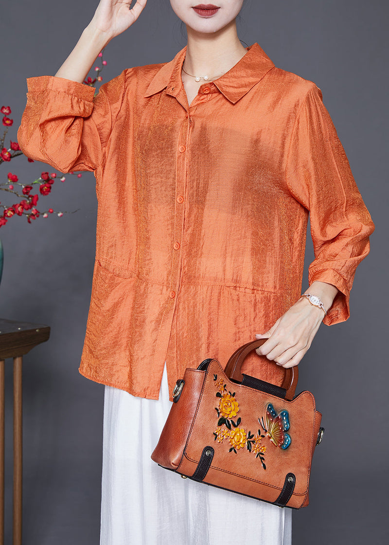 Orange Oversized Patchwork Linen Silk Shirt Top Fall