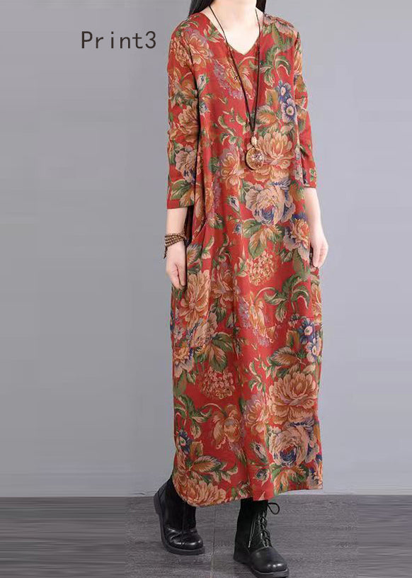 Print V Neck Patchwork Cotton Long Dress Fall