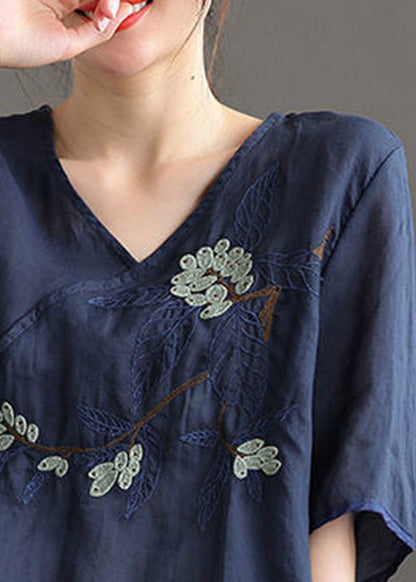 Navy V Neck Asymmetrical Design Linen Top Short Sleeve
