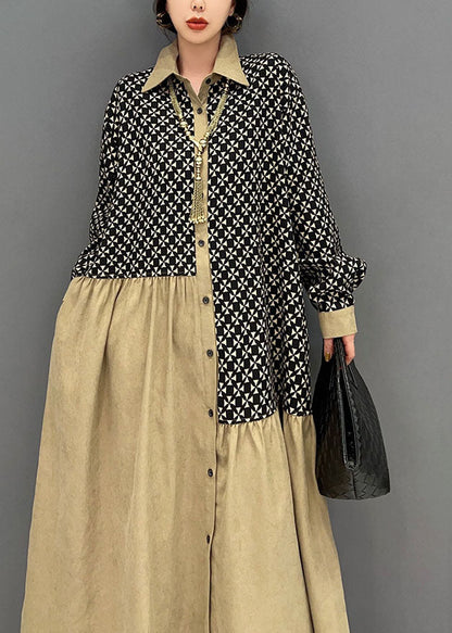 Colorblock Peter Pan Collar Patchwork Wrinkled Print Cotton Dresses Spring