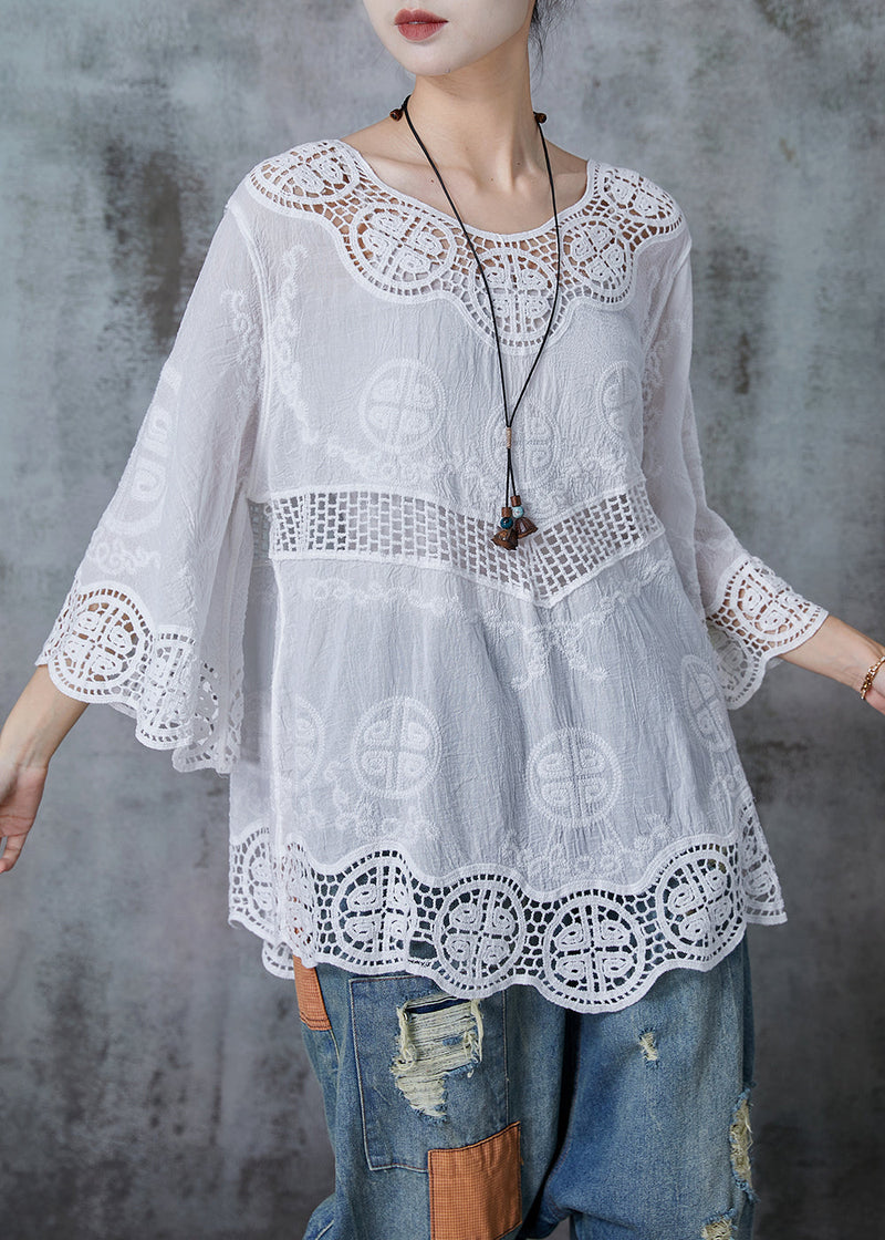 White Oversized Patchwork Lace Cotton Blouses Flare Sleeve