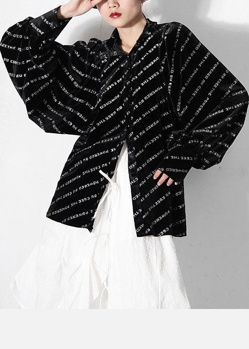 Loose Black Peter Pan Collar Button Graphic Shirt Spring