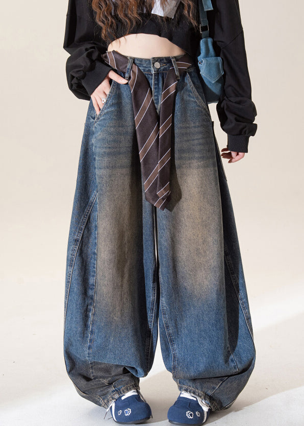 Dark Blue High Waist Pockets Wide Leg Jeans Spring