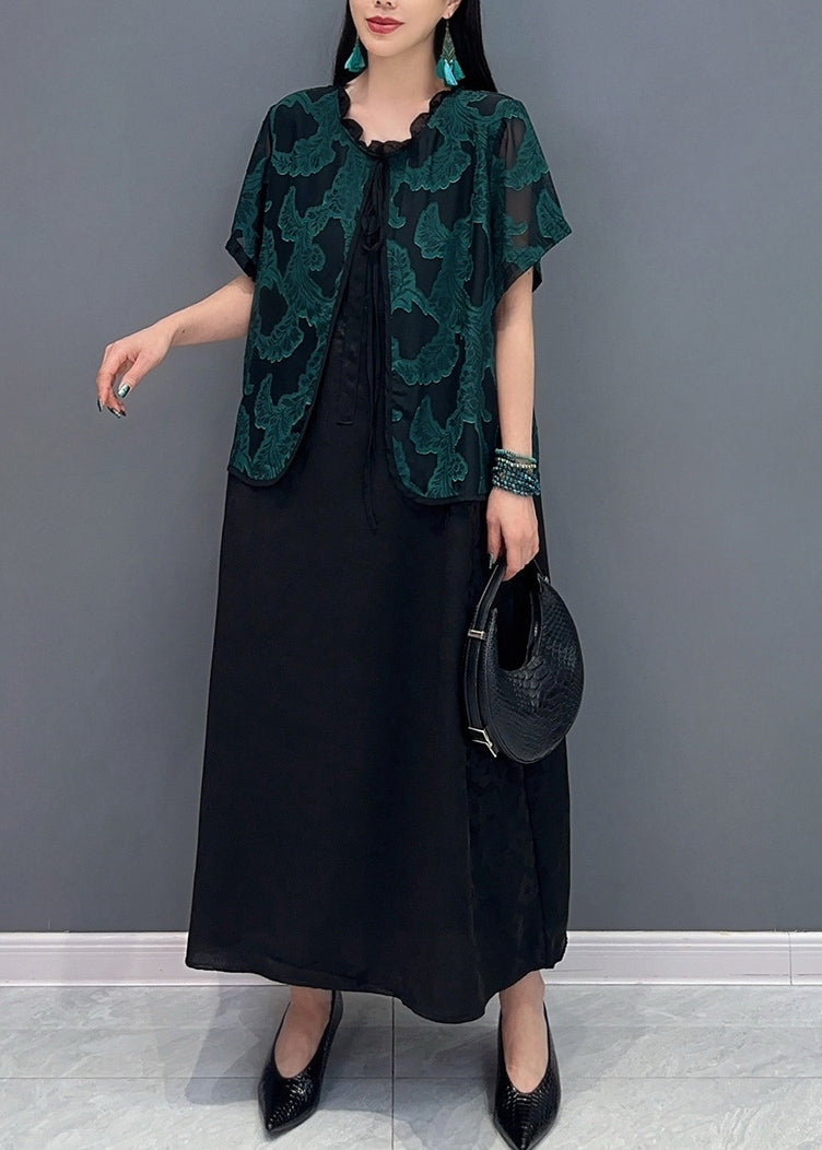 Handmade Green O-neck Print Fake Two Pieces Long Dress Summer