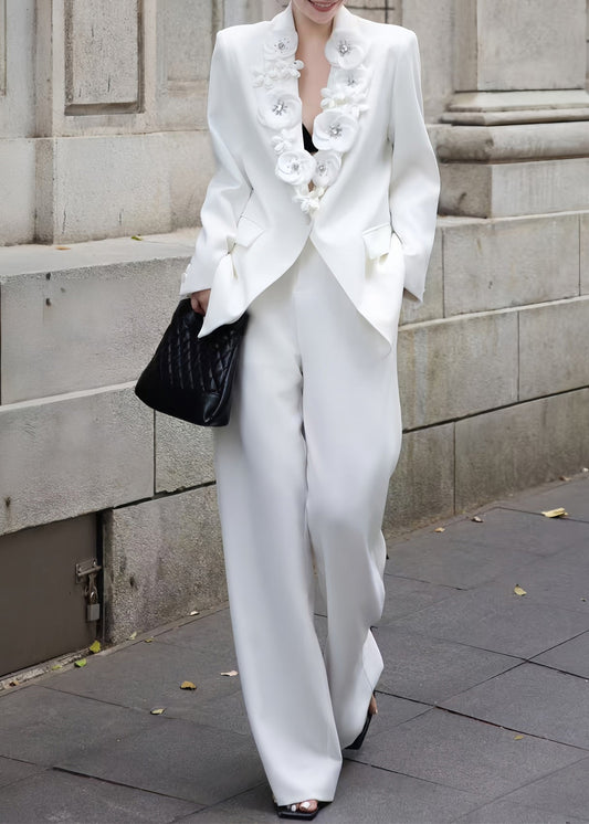 Italian White Decorated Suit Coat and Pants Two Pieces Set Fall